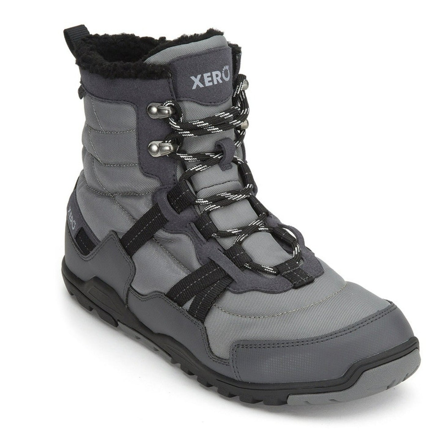 Xero Shoes Canada, specifically men’s barefoot shoes Canada. These minimalist shoes have flexible soles, wide toe boxes, and zero drop. Angled view of Xero Men's Alpine in Asphalt/Black. Waterproof, lightweight snow boot.