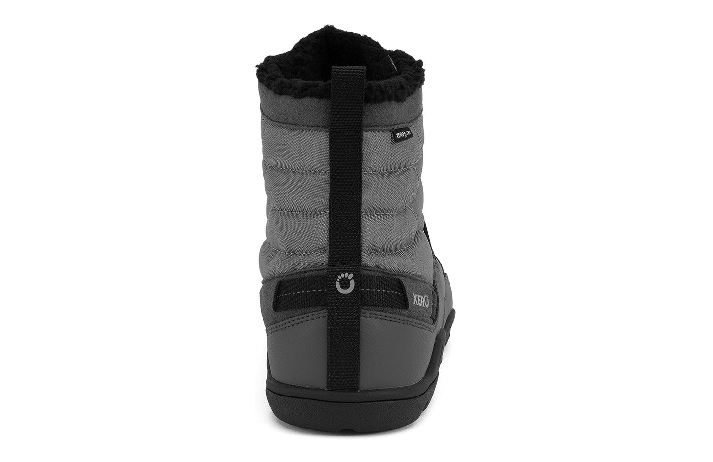 Xero Shoes Canada, specifically men’s barefoot shoes Canada. These minimalist shoes have flexible soles, wide toe boxes, and zero drop. Back view of Xero Men's Alpine in Asphalt/Black. Waterproof, lightweight snow boot.