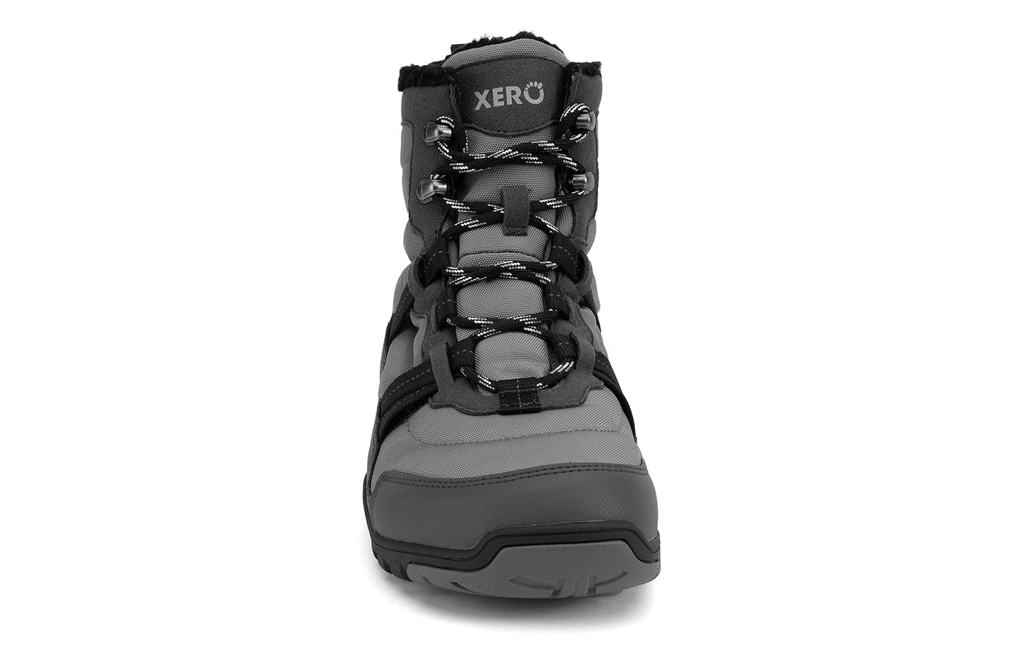 Xero Shoes Canada, specifically men’s barefoot shoes Canada. These minimalist shoes have flexible soles, wide toe boxes, and zero drop. Front view of Xero Men's Alpine in Asphalt/Black. Waterproof, lightweight snow boot.