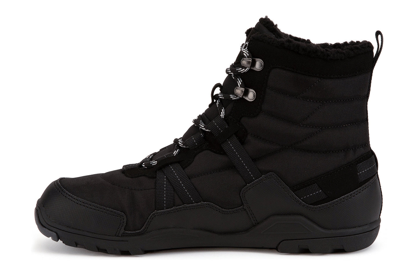 Xero Shoes Canada, specifically men’s barefoot shoes Canada. These minimalist shoes have flexible soles, wide toe boxes, and zero drop. Medial side view of Xero Men's Alpine in Black. Waterproof, lightweight snow boot.