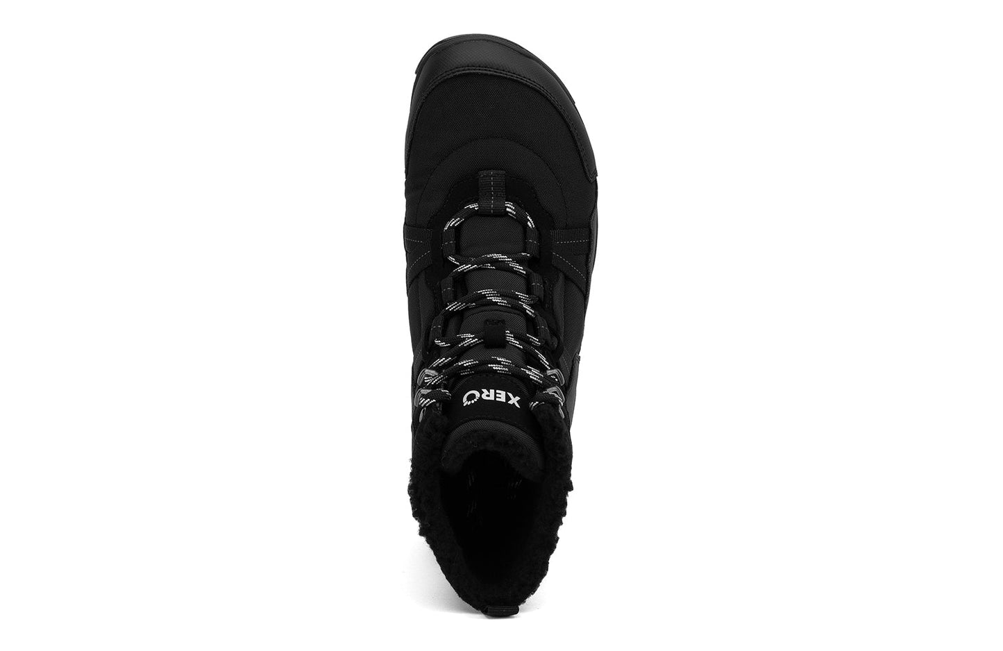 Xero Shoes Canada, specifically men’s barefoot shoes Canada. These minimalist shoes have flexible soles, wide toe boxes, and zero drop. Top view of Xero Men's Alpine in Black. Waterproof, lightweight snow boot.