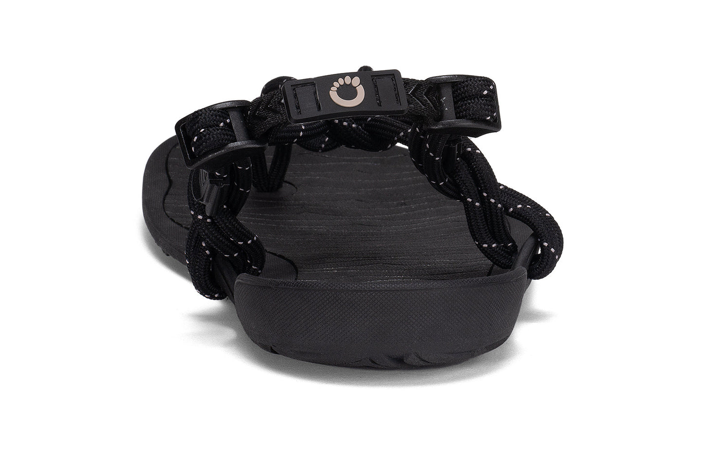 Xero Shoes Canada, specifically men’s barefoot shoes Canada. These minimalist shoes have flexible soles, wide toe boxes, and zero drop. Back view of Xero Men's Aqua Cloud in Black. Versatile water sport and hiking sandal.
