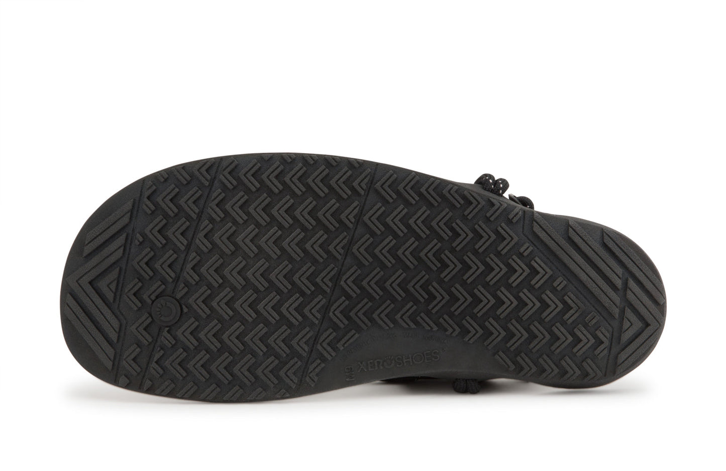 Xero Shoes Canada, specifically men’s barefoot shoes Canada. These minimalist shoes have flexible soles, wide toe boxes, and zero drop. Sole view of Xero Men's Aqua Cloud in Black. Versatile water sport and hiking sandal.