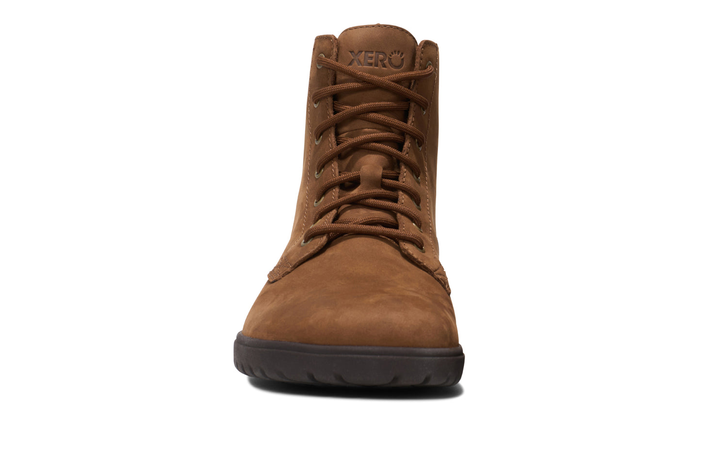 Xero Shoes Canada, specifically men’s barefoot shoes Canada. These minimalist shoes have flexible soles, wide toe boxes, and zero drop. Front view of Xero Men's Denver II in Rawhide. Classic leather boot.