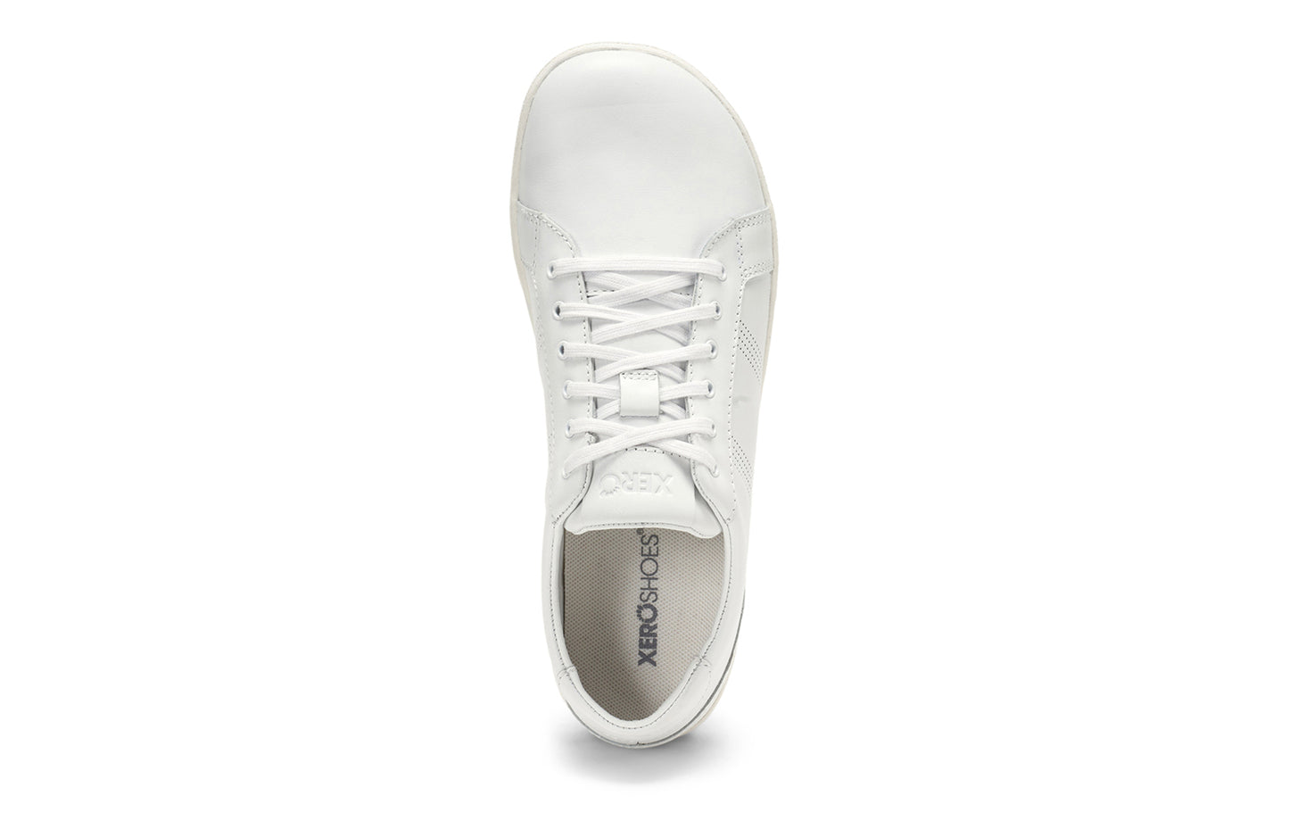 Xero Shoes Canada, specifically men’s barefoot shoes Canada. These minimalist shoes have flexible soles, wide toe boxes, and zero drop. Top view of Men's Dillon Leather in White. A classic leather sneaker.
