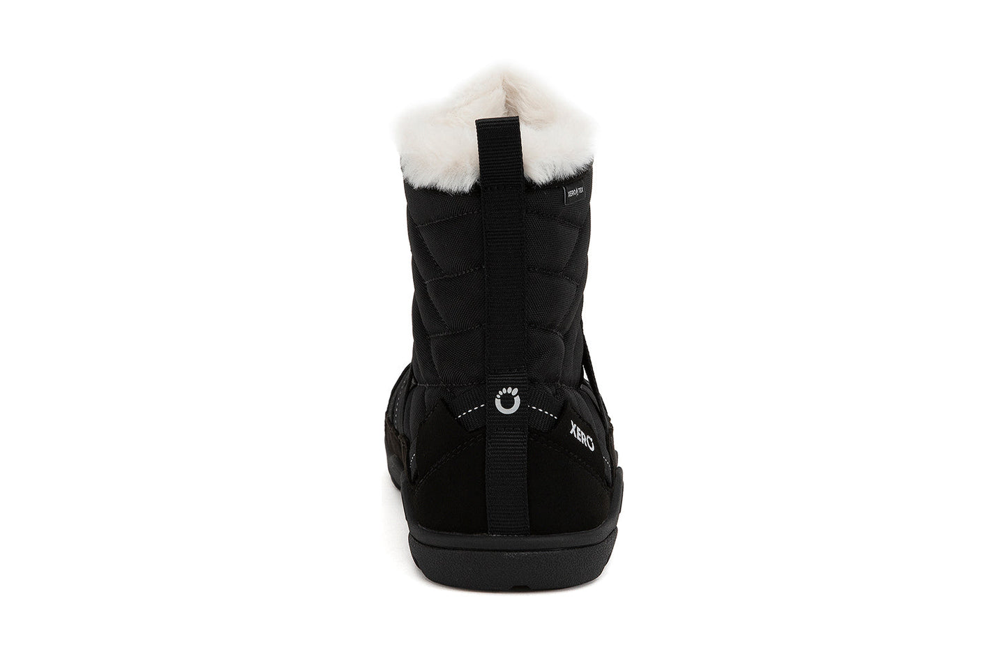 Xero Barefoot Shoes sold in Ontario, Canada. These minimalist shoes have flexible soles, wide toe boxes, and zero drop. Back view of Xero Women's Alpine in Black. Waterproof, lightweight snow boot.