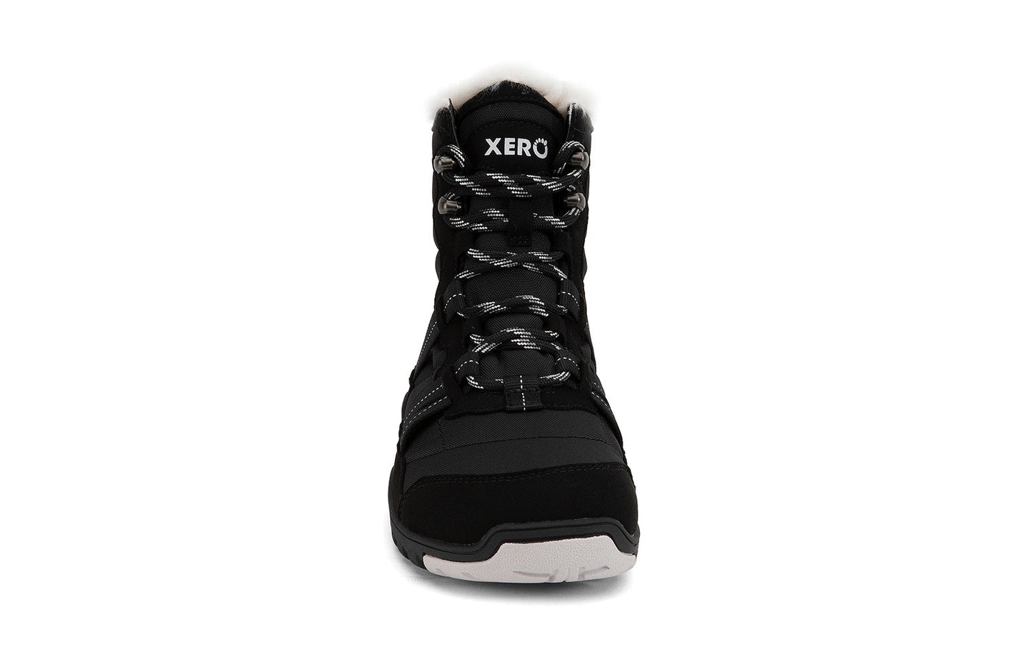 Xero Shoes Canada, specifically women’s barefoot shoes Canada. These minimalist shoes have flexible soles, wide toe boxes, and zero drop. Front view of Xero Women's Alpine in Black. Waterproof, lightweight snow boot.