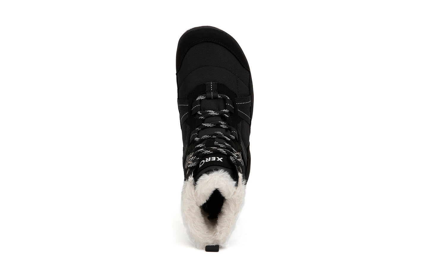 Xero Shoes Canada, specifically women’s barefoot shoes Canada. These minimalist shoes have flexible soles, wide toe boxes, and zero drop. Top view of Xero Women's Alpine in Black. Waterproof, lightweight snow boot.