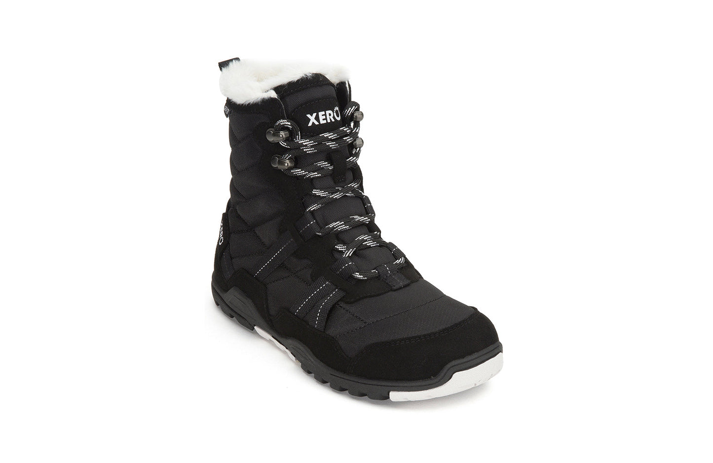Xero Shoes Canada, specifically women’s barefoot shoes Canada. These minimalist shoes have flexible soles, wide toe boxes, and zero drop. Angled view of Xero Women's Alpine in Black. Waterproof, lightweight snow boot.