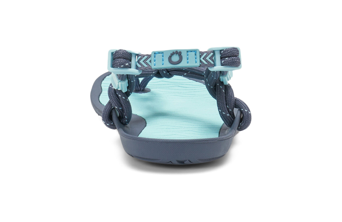 Xero Shoes Canada, specifically women’s barefoot shoes Canada. These minimalist shoes have flexible soles, wide toe boxes, and zero drop. Back view of Xero Women's Aqua Cloud in Blue Glow. Versatile water sport and hiking sandal.
