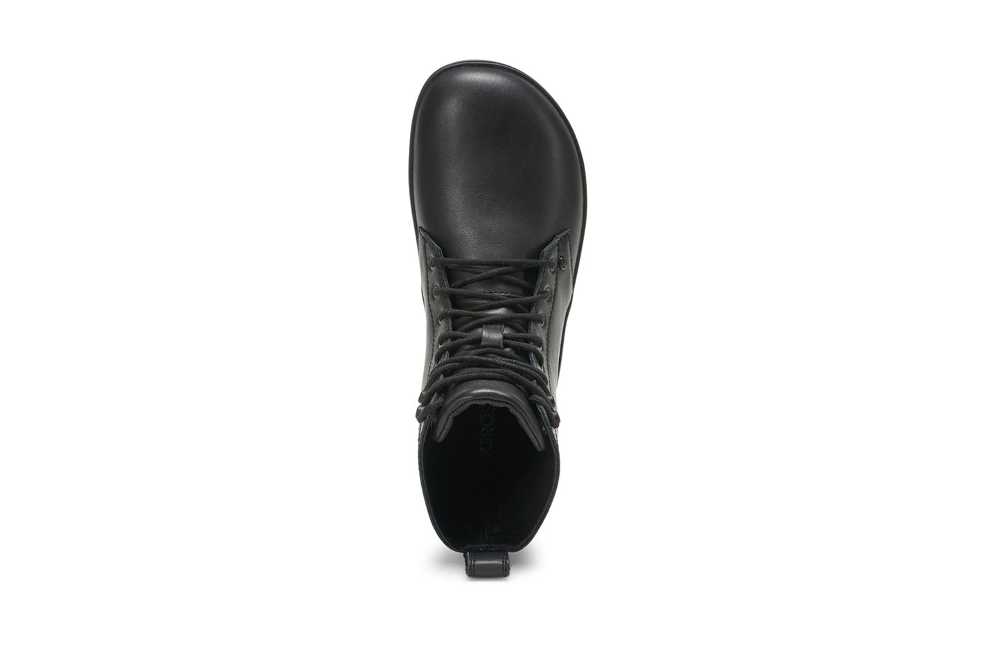 Xero Shoes Canada, specifically women’s barefoot shoes Canada. These minimalist shoes have flexible soles, wide toe boxes, and zero drop. Top view of Xero Breckenridge in Black. A classic leather boot.