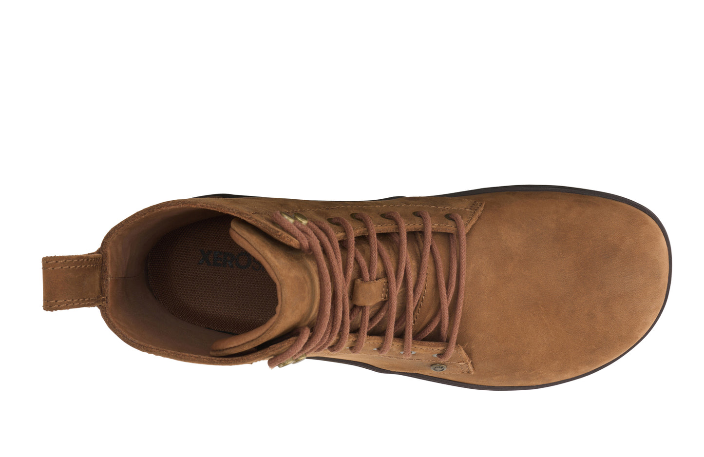 Xero Shoes Canada, specifically women’s barefoot shoes Canada. These minimalist shoes have flexible soles, wide toe boxes, and zero drop. Top view of Xero Breckenridge in Rawhide. A classic leather boot.