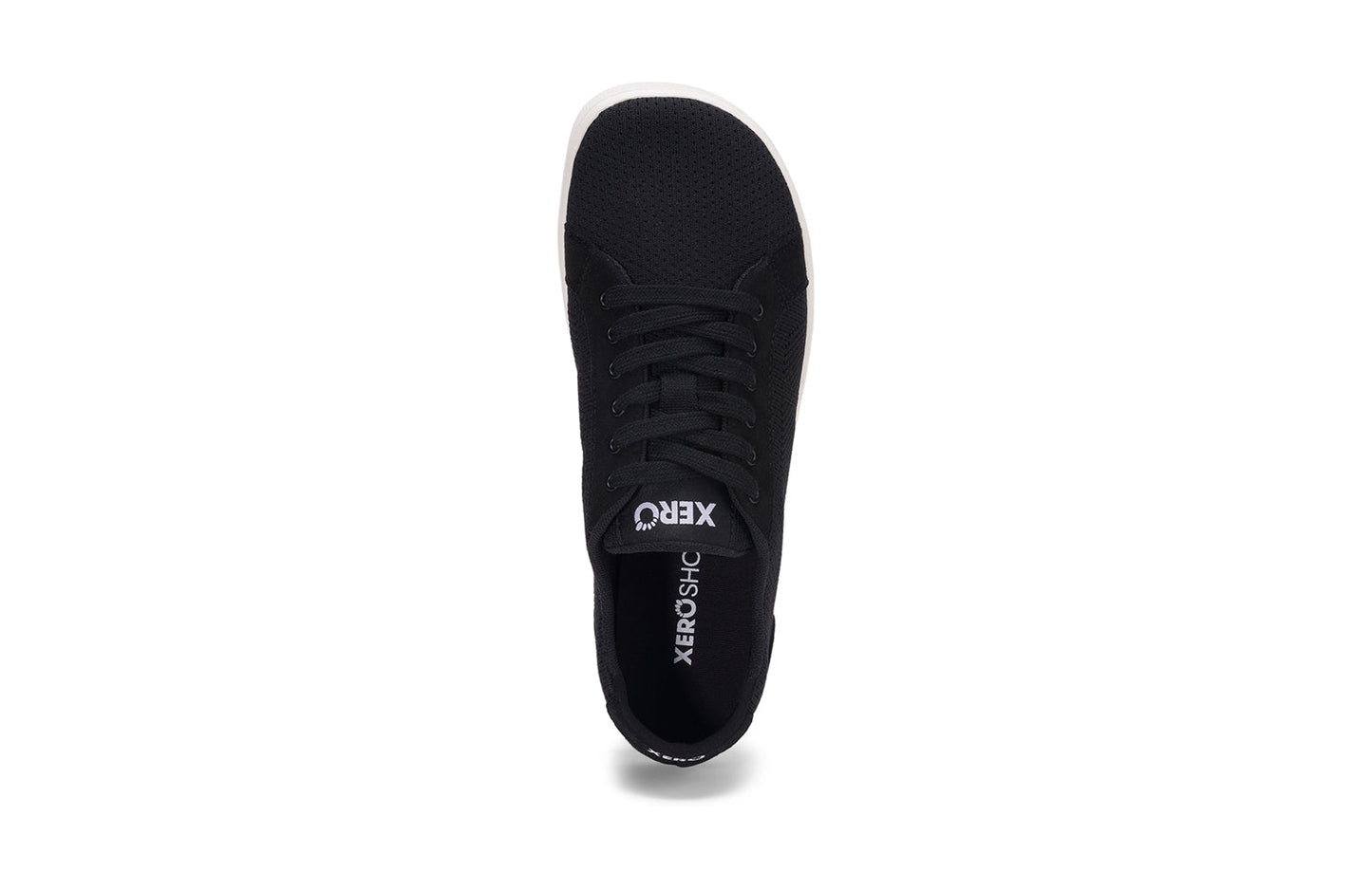 Xero Shoes Canada, specifically women’s barefoot shoes Canada. These minimalist shoes have flexible soles, wide toe boxes, and zero drop. Top view of Xero Women's Dillon in Black. Classic, casual sneaker