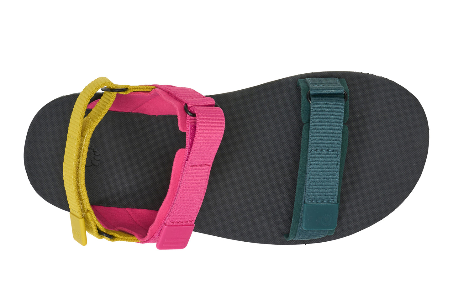 Xero Shoes Canada, specifically women’s barefoot shoes Canada. These minimalist shoes have flexible soles, wide toe boxes, and zero drop. Top view of Xero Women's D-Trail in Fuchsia Purple/Sea Moss, a versatile hiking sandal.