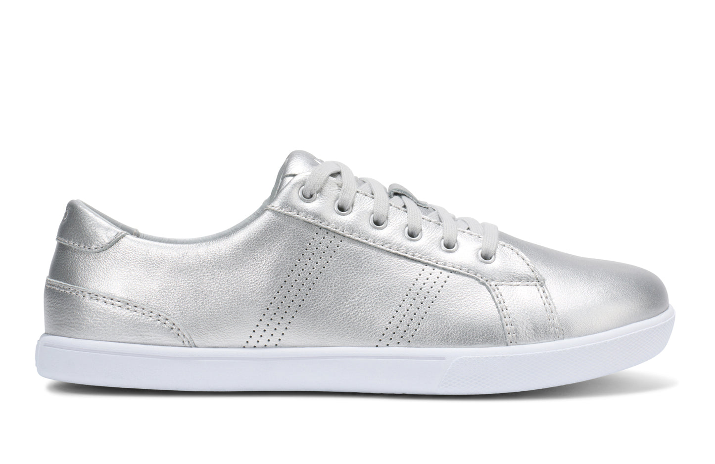 Xero Barefoot Shoes sold in Ontario, Canada. These minimalist shoes have flexible soles, wide toe boxes, and zero drop. Side view of Dillon Leather in Silver Metallic. A classic leather sneaker.