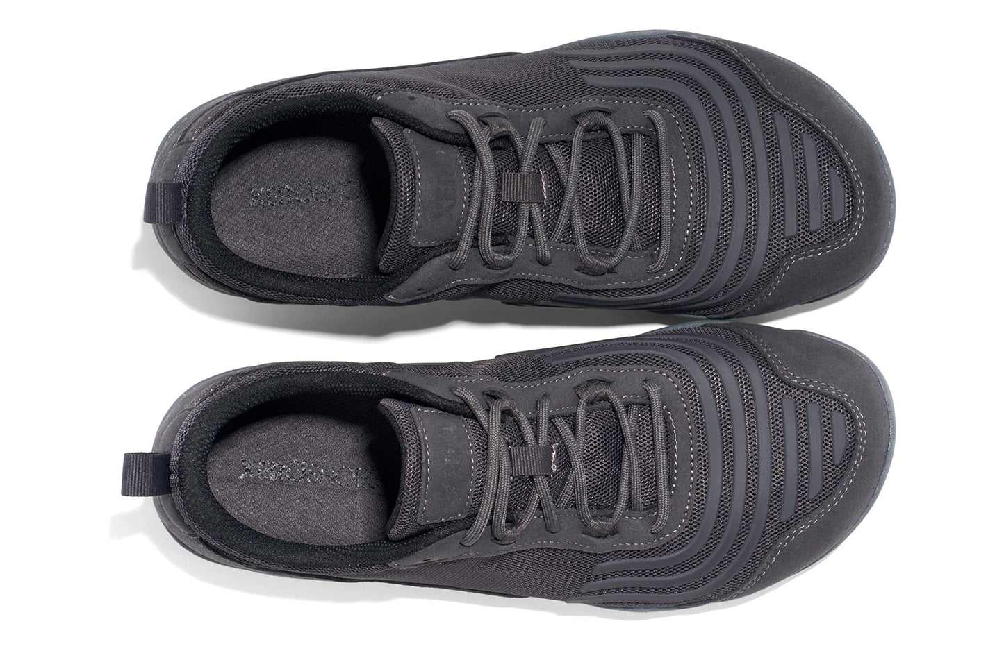 Xero shoes Canada, specifically barefoot running shoes Canada. These minimalist shoes have flexible soles, wide toe boxes, and zero drop. Top view of Xero Men's 360s in Asphalt/Gray. A cross-training shoe.