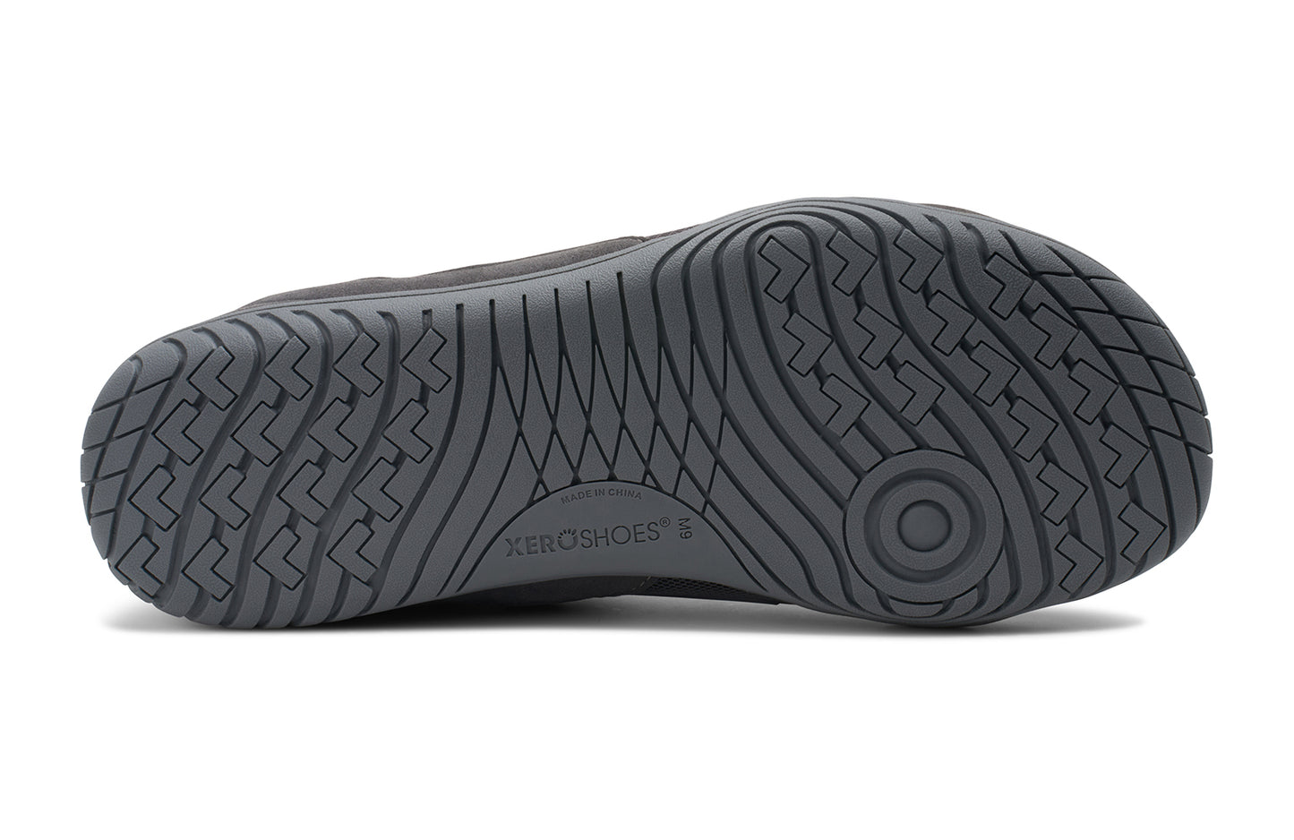 Xero shoes Canada, specifically barefoot running shoes Canada. These minimalist shoes have flexible soles, wide toe boxes, and zero drop. Sole view of Xero Men's 360s in Asphalt/Gray. A cross-training shoe.