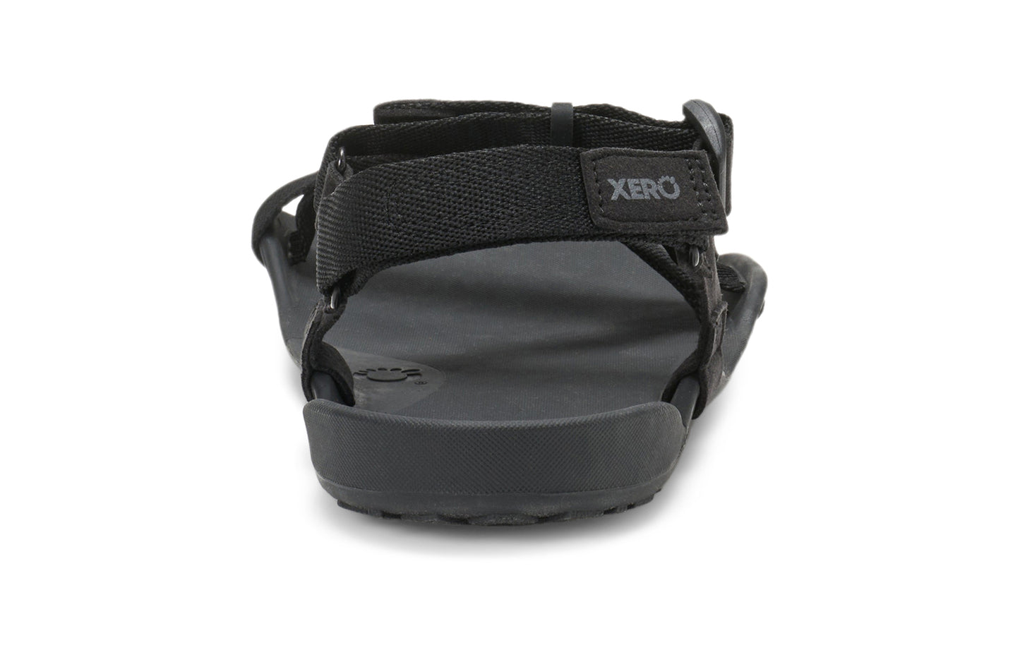 Xero Barefoot Shoes sold in Ontario, Canada. These minimalist shoes have flexible soles, wide toe boxes, and zero drop. Back view of Xero Men's Z-Trek in Black, a lightweight packable sport sandal.