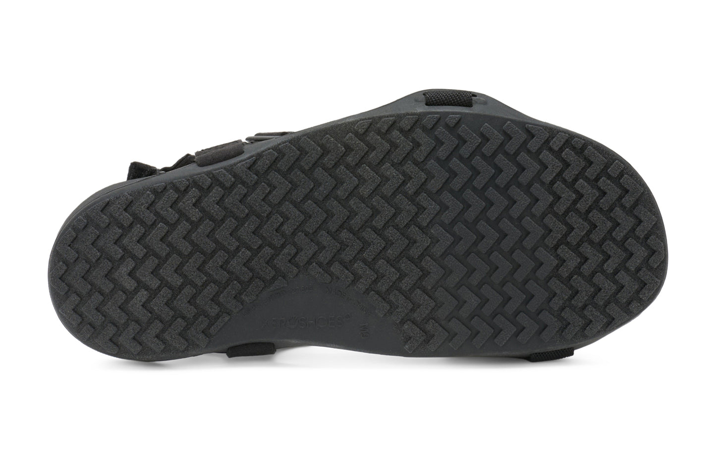 Xero Barefoot Shoes sold in Ontario, Canada. These minimalist shoes have flexible soles, wide toe boxes, and zero drop. Sole view of Xero Men's Z-Trek in Black, a lightweight packable sport sandal.