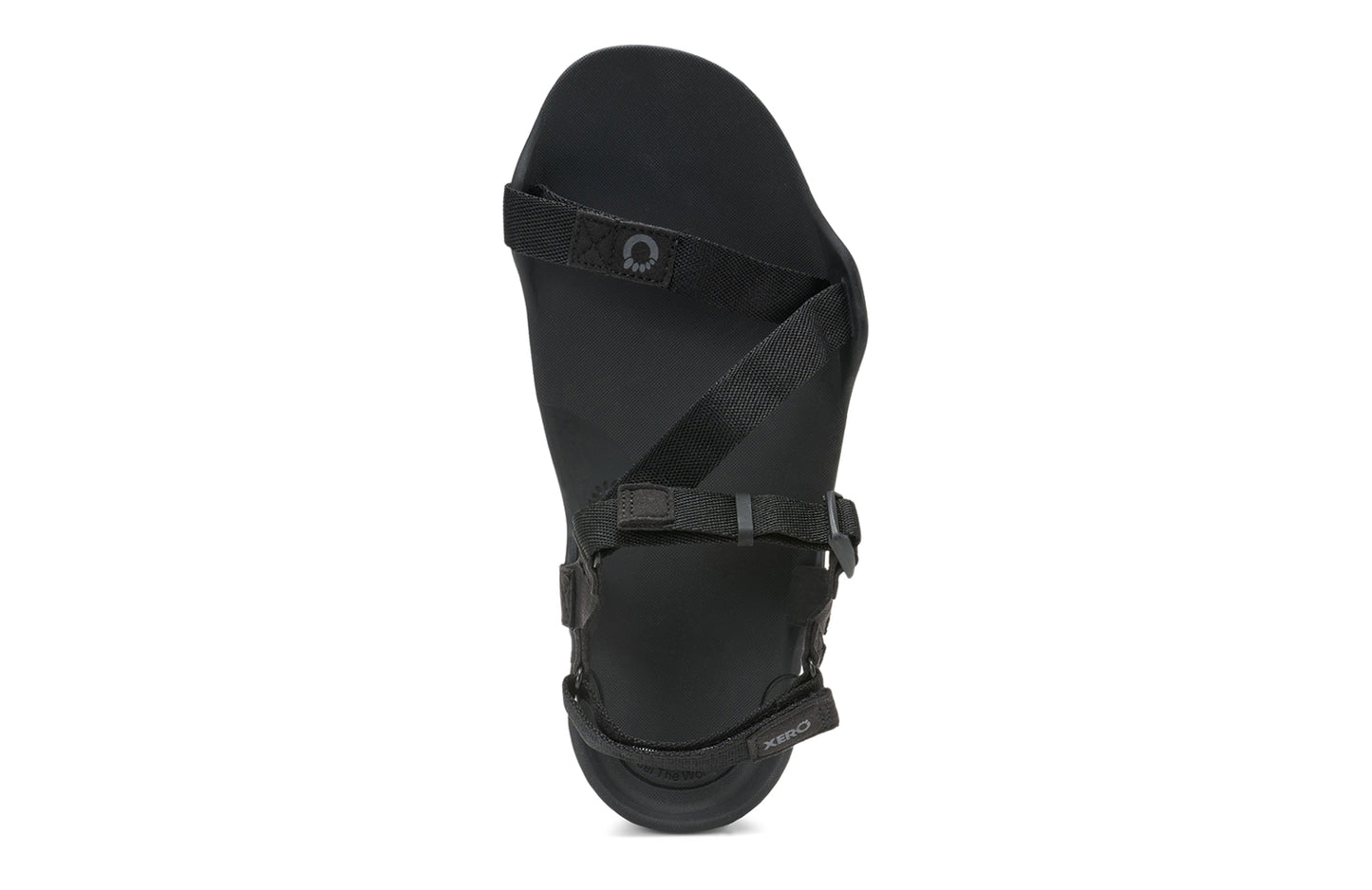 Xero Barefoot Shoes sold in Ontario, Canada. These minimalist shoes have flexible soles, wide toe boxes, and zero drop. Top view of Xero Men's Z-Trek in Black, a lightweight packable sport sandal.