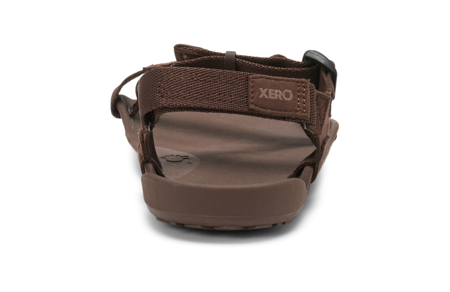 Xero Barefoot Shoes sold in Ontario, Canada. These minimalist shoes have flexible soles, wide toe boxes, and zero drop. Back view of Xero Men's Z-Trek in Brown, a lightweight packable sport sandal.