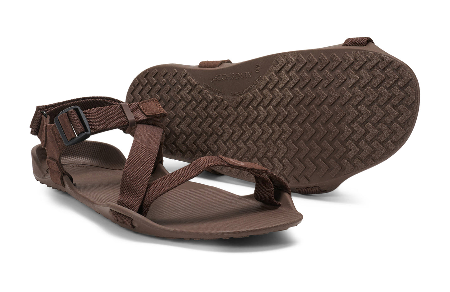Xero Barefoot Shoes sold in Ontario, Canada. These minimalist shoes have flexible soles, wide toe boxes, and zero drop. Pair view of Xero Men's Z-Trek in Brown, a lightweight packable sport sandal.