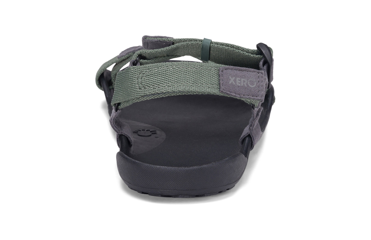 Xero Barefoot Shoes sold in Ontario, Canada. These minimalist shoes have flexible soles, wide toe boxes, and zero drop. Back view of Xero Men's Z-Trek in Forest, a lightweight packable sport sandal.