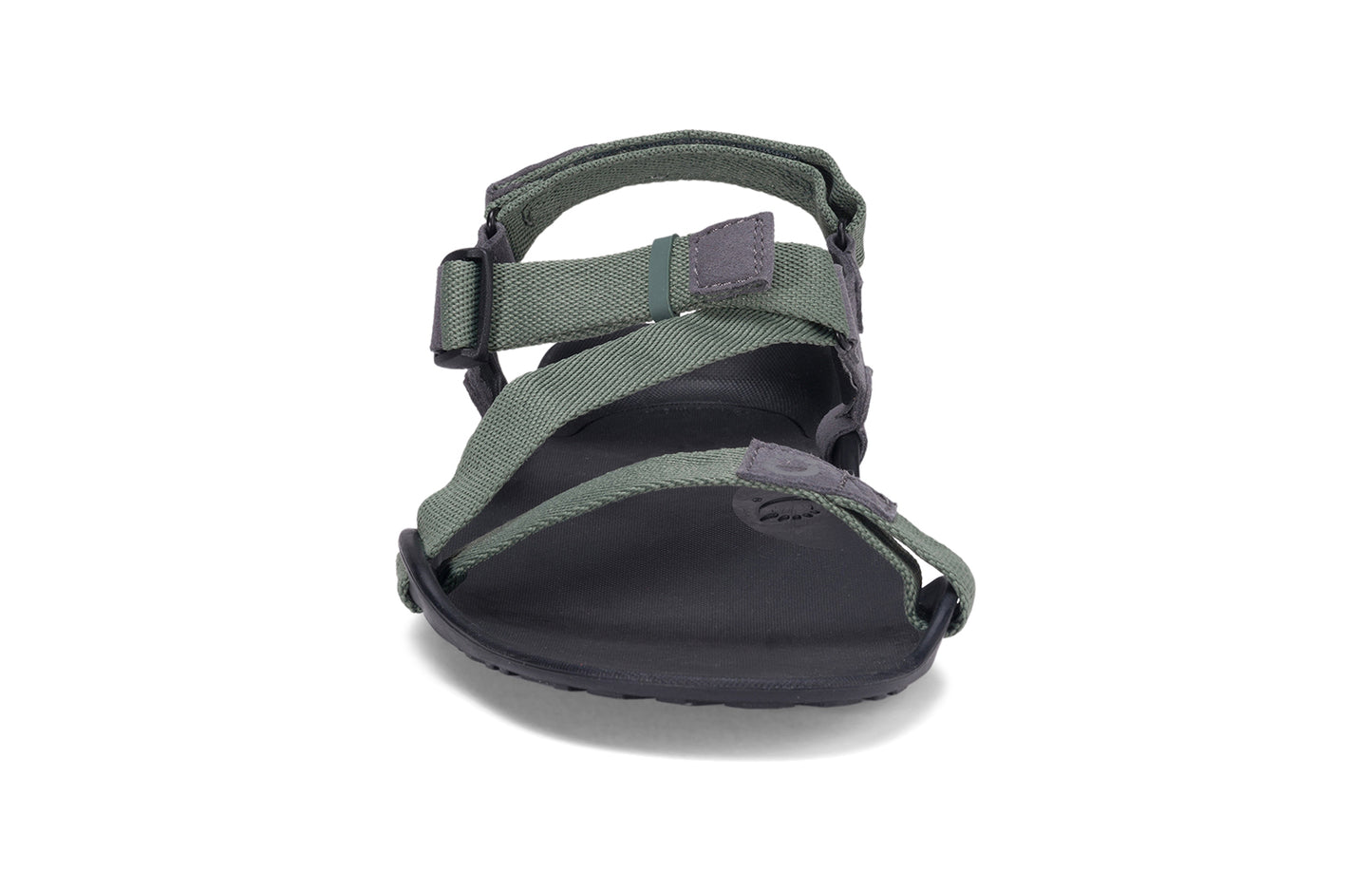 Xero Barefoot Shoes sold in Ontario, Canada. These minimalist shoes have flexible soles, wide toe boxes, and zero drop. Front view of Xero Men's Z-Trek in Forest, a lightweight packable sport sandal.
