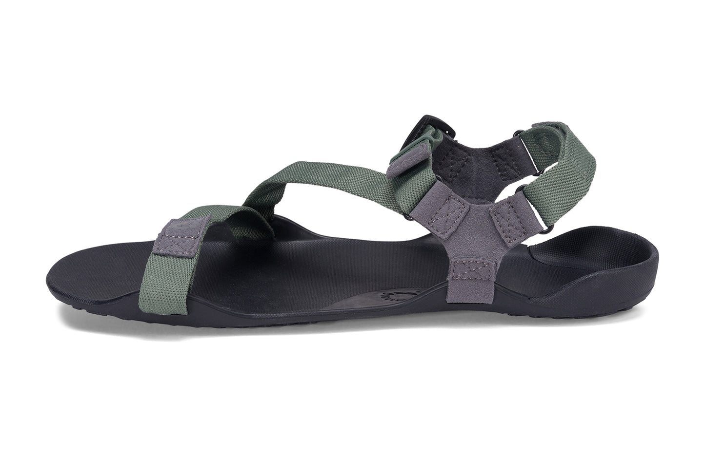 Xero Barefoot Shoes sold in Ontario, Canada. These minimalist shoes have flexible soles, wide toe boxes, and zero drop. Medial side view of Xero Men's Z-Trek in Forest, a lightweight packable sport sandal.