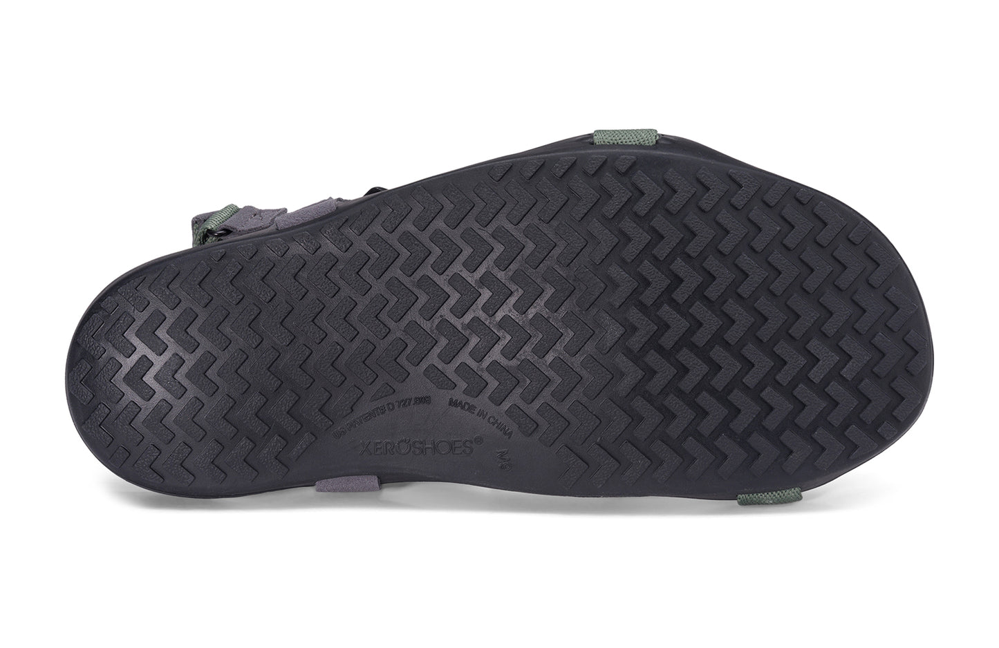Xero Barefoot Shoes sold in Ontario, Canada. These minimalist shoes have flexible soles, wide toe boxes, and zero drop. Sole view of Xero Men's Z-Trek in Forest, a lightweight packable sport sandal.
