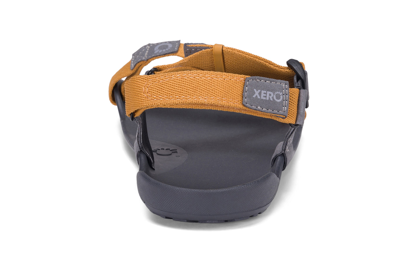 Xero Barefoot Shoes sold in Ontario, Canada. These minimalist shoes have flexible soles, wide toe boxes, and zero drop. Back view of Xero Men's Z-Trek in Nugget, a lightweight packable sport sandal.