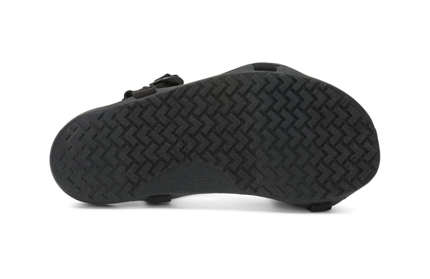 Xero Barefoot Shoes sold in Ontario, Canada. These minimalist shoes have flexible soles, wide toe boxes, and zero drop. Sole view of Xero Women's Z-Trek in Black, a lightweight packable sport sandal.