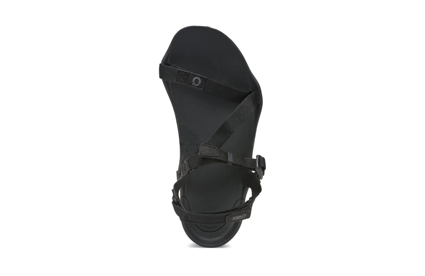 Xero Barefoot Shoes sold in Ontario, Canada. These minimalist shoes have flexible soles, wide toe boxes, and zero drop. Top view of Xero Women's Z-Trek in Black, a lightweight packable sport sandal.