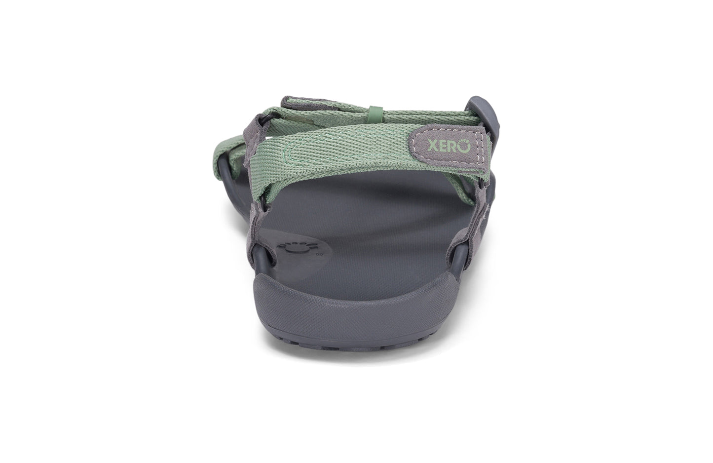 Xero Barefoot Shoes sold in Ontario, Canada. These minimalist shoes have flexible soles, wide toe boxes, and zero drop. Back view of Xero Women's Z-Trek in Green, a lightweight packable sport sandal.