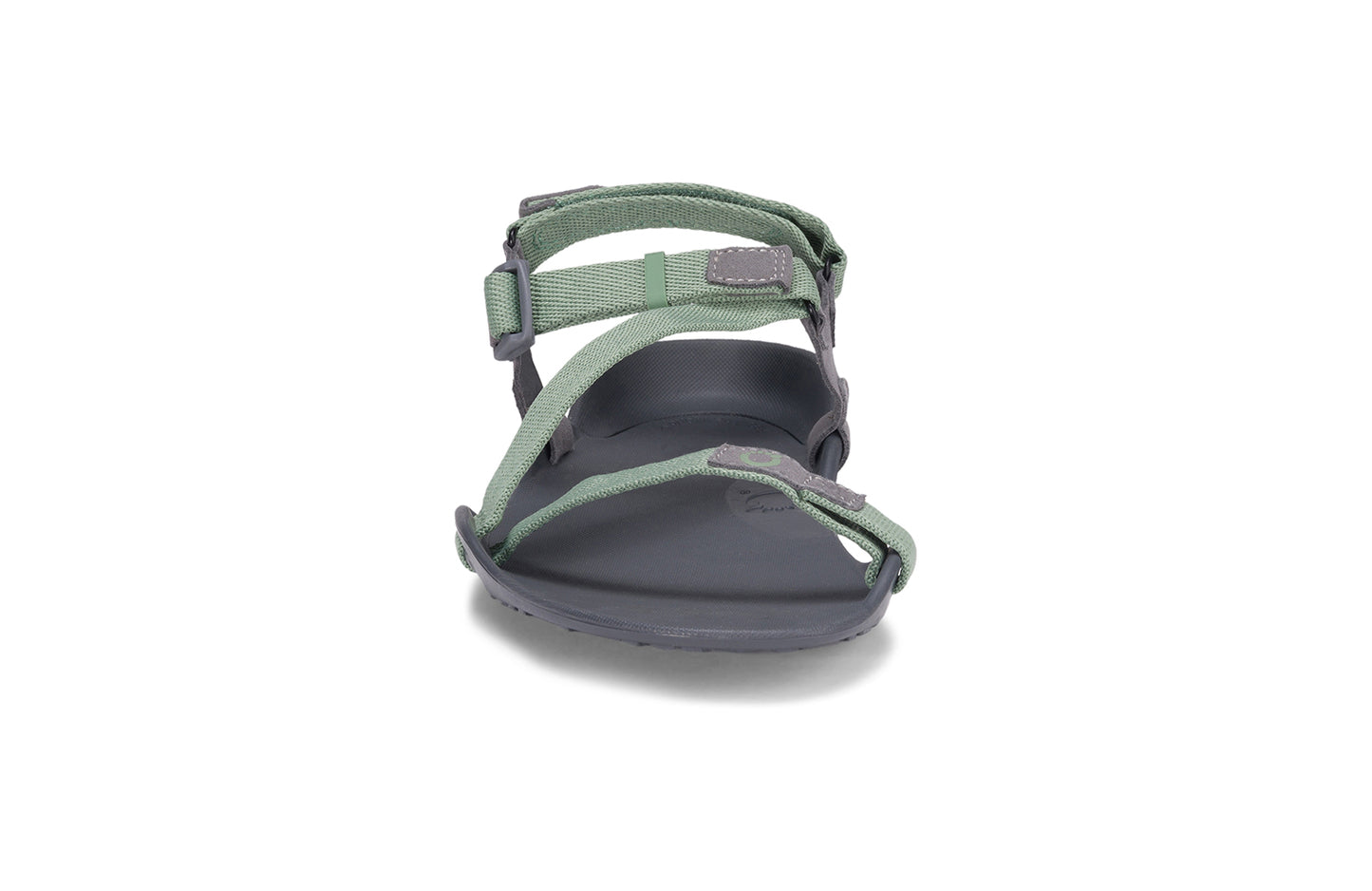 Xero Barefoot Shoes sold in Ontario, Canada. These minimalist shoes have flexible soles, wide toe boxes, and zero drop. Front view of Xero Women's Z-Trek in Green, a lightweight packable sport sandal.