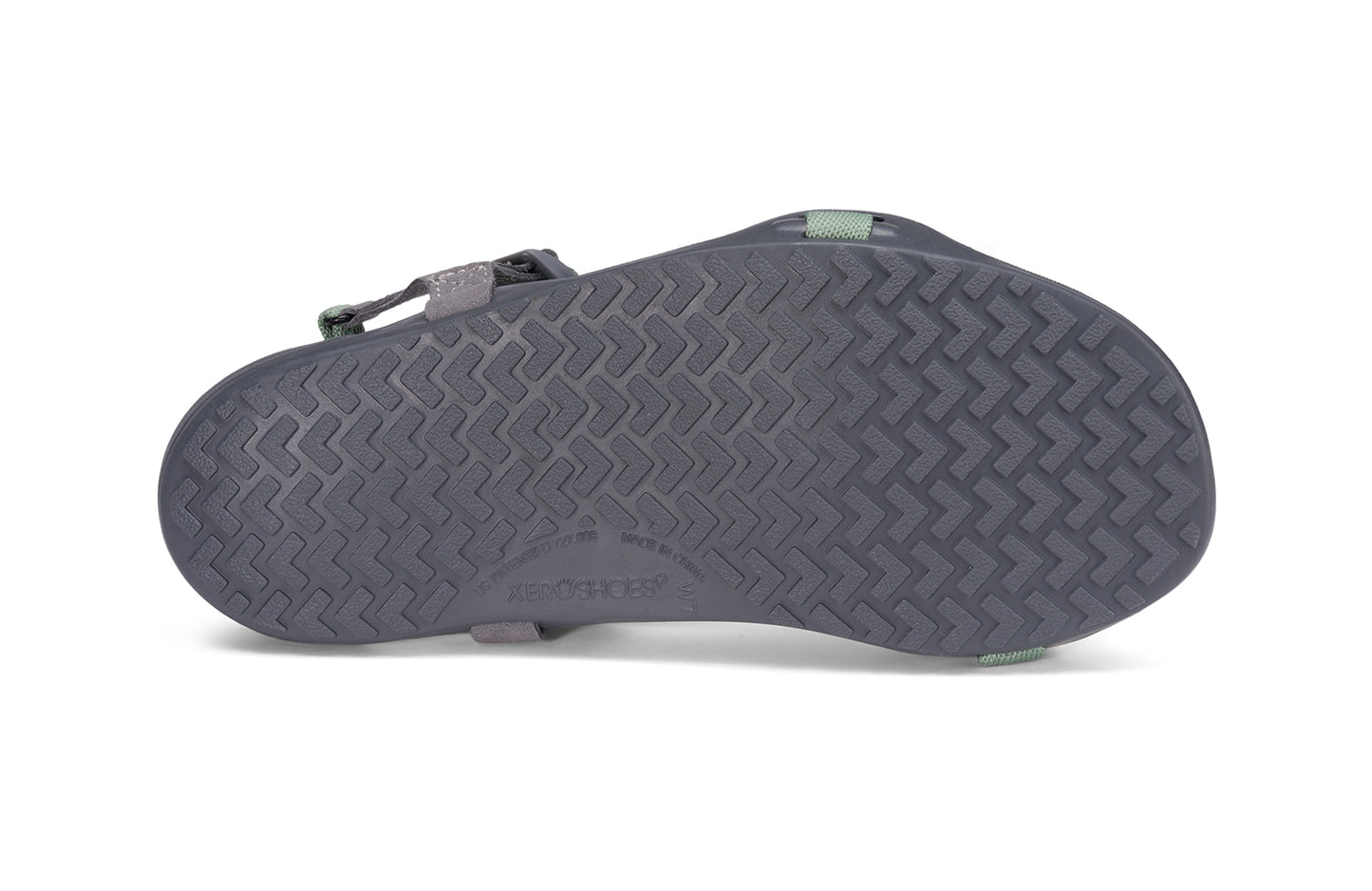 Xero Barefoot Shoes sold in Ontario, Canada. These minimalist shoes have flexible soles, wide toe boxes, and zero drop. Sole view of Xero Women's Z-Trek in Green, a lightweight packable sport sandal.