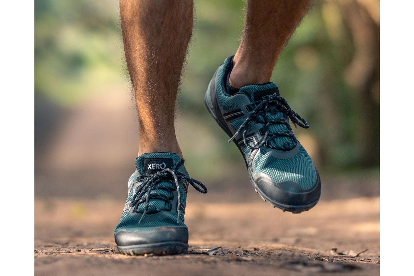Xero Shoes Canada, specifically barefoot hiking shoes Canada. Man wearing Mesa Trail WP on a trail