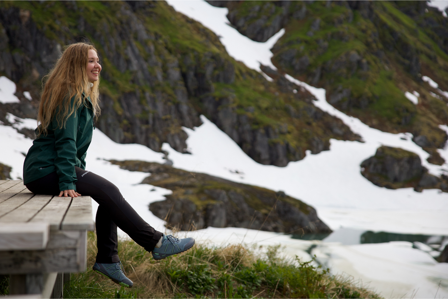 Xero Shoes Canada, specifically barefoot hiking shoes Canada. Woman wearing Mesa Trail WP in snowy mountains