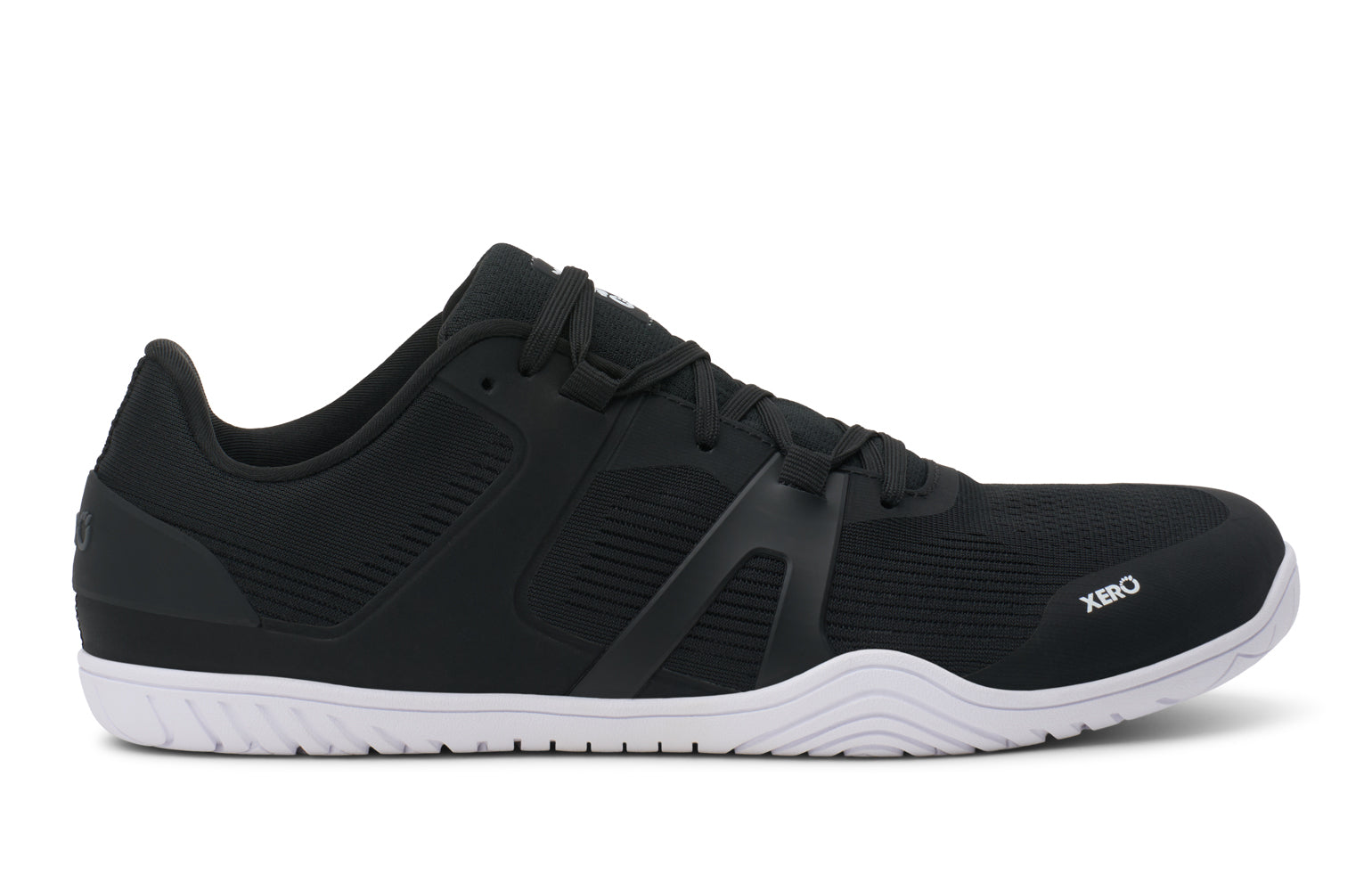 Black athletic shoe with white sole on a white background. Tru Stride Co brings Xero shoes to Canada