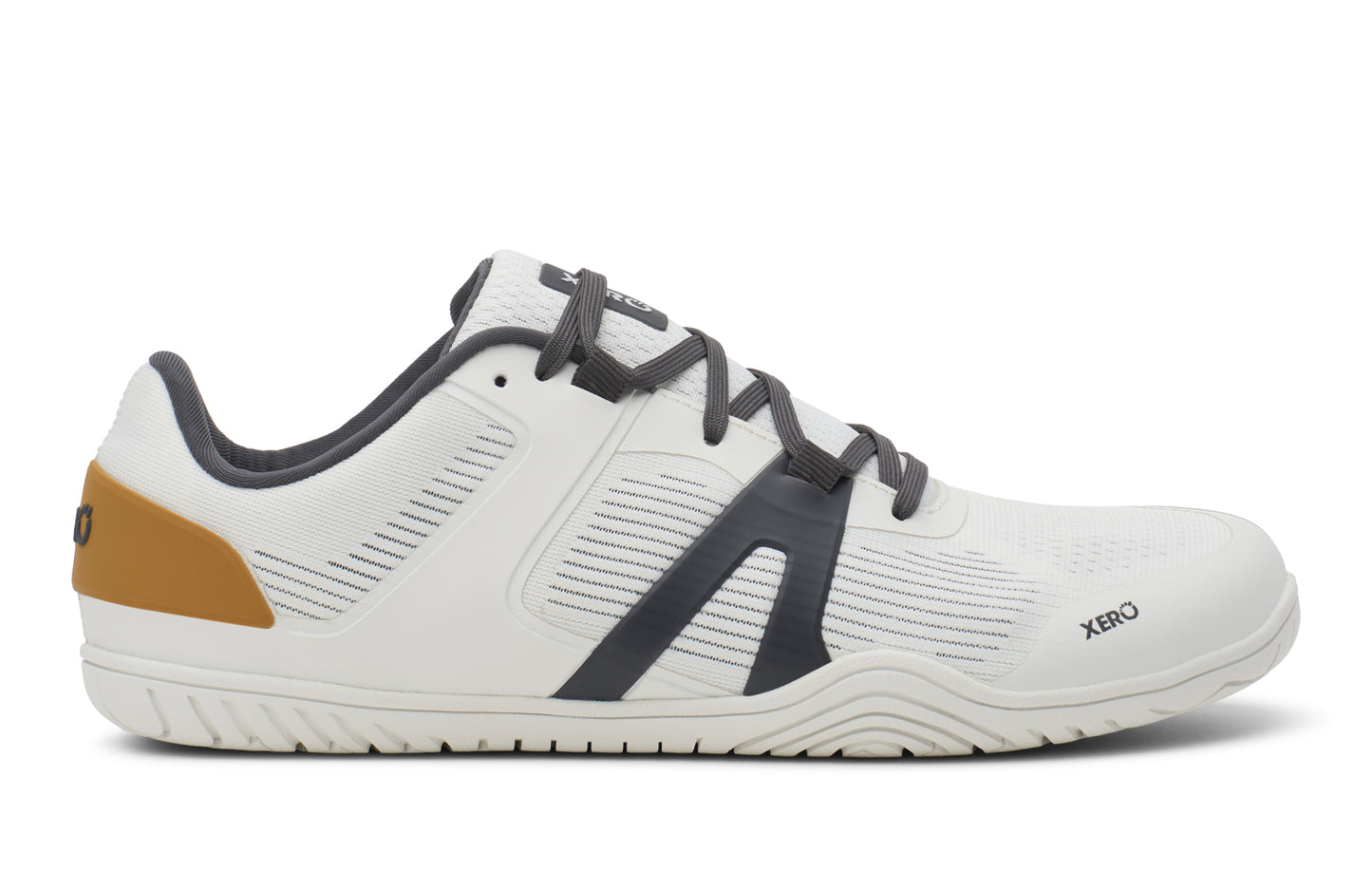 White athletic shoe with gray accents on a white background.  Tru Stride Co brings Xero shoes to Canada