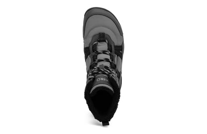 Xero Barefoot Shoes sold in Ontario, Canada. These minimalist shoes have flexible soles, wide toe boxes, and zero drop. Top view of Xero Men's Alpine in Asphalt/Black. Waterproof, lightweight snow boot. 