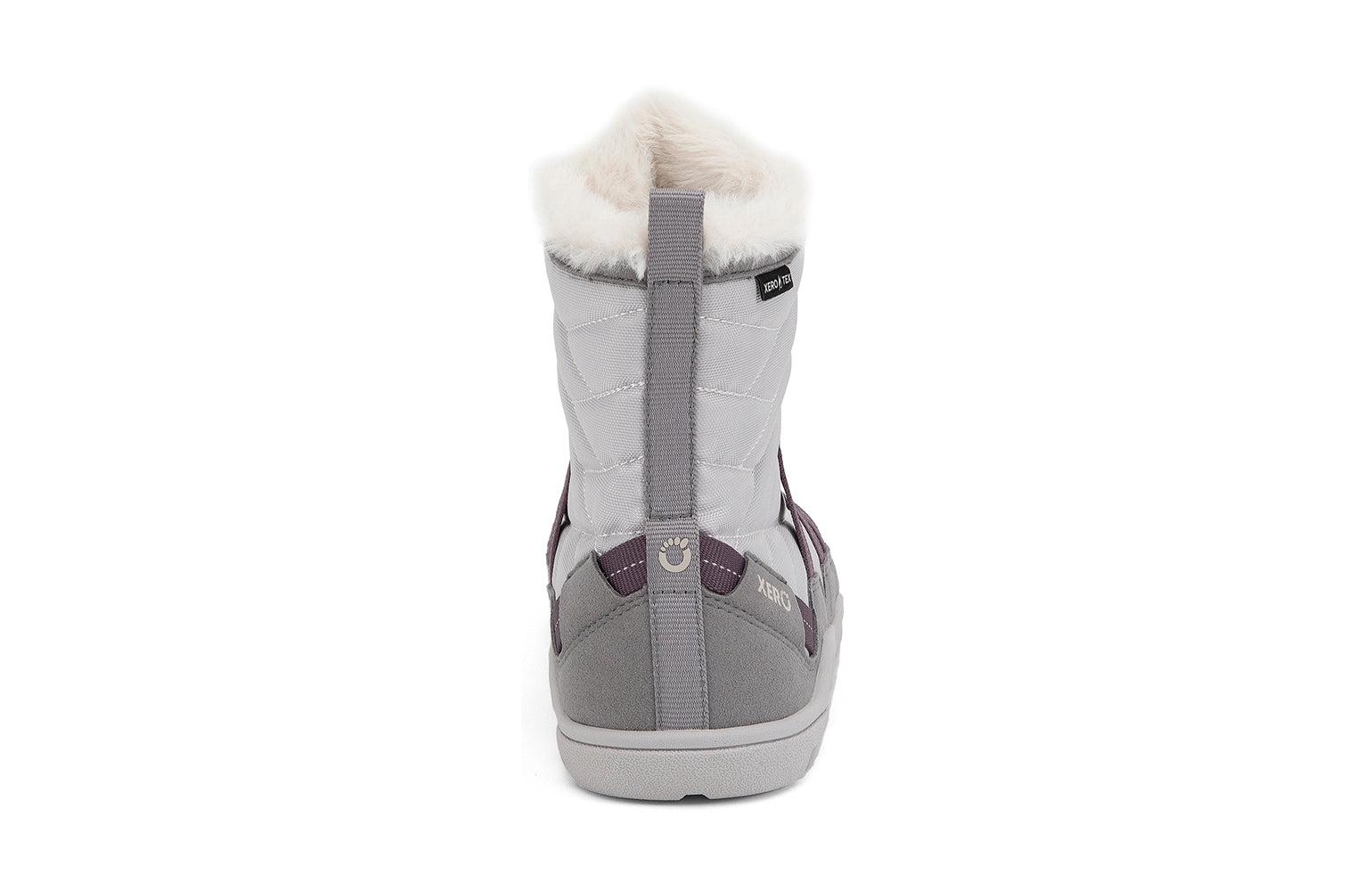 Xero Barefoot Shoes sold in Ontario, Canada. These minimalist shoes have flexible soles, wide toe boxes, and zero drop. Back view of Xero Women's Alpine in Frost Gray/White. Waterproof, lightweight snow boot. 