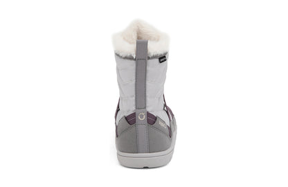 Xero Barefoot Shoes sold in Ontario, Canada. These minimalist shoes have flexible soles, wide toe boxes, and zero drop. Back view of Xero Women's Alpine in Frost Gray/White. Waterproof, lightweight snow boot. 