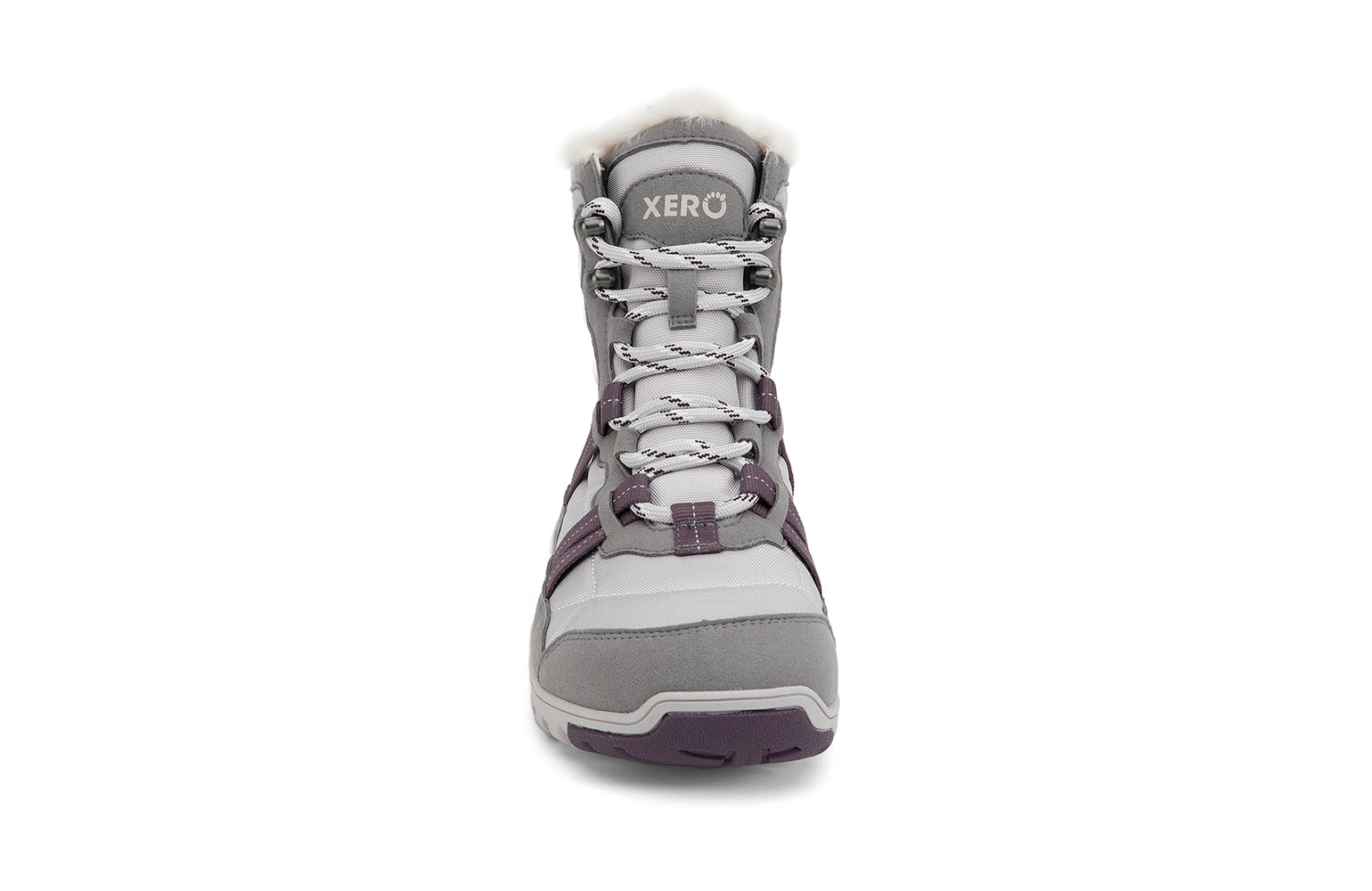 Xero Barefoot Shoes sold in Ontario, Canada. These minimalist shoes have flexible soles, wide toe boxes, and zero drop. Front view of Xero Women's Alpine in Frost Gray/White. Waterproof, lightweight snow boot. 