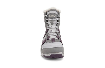 Xero Barefoot Shoes sold in Ontario, Canada. These minimalist shoes have flexible soles, wide toe boxes, and zero drop. Front view of Xero Women's Alpine in Frost Gray/White. Waterproof, lightweight snow boot. 