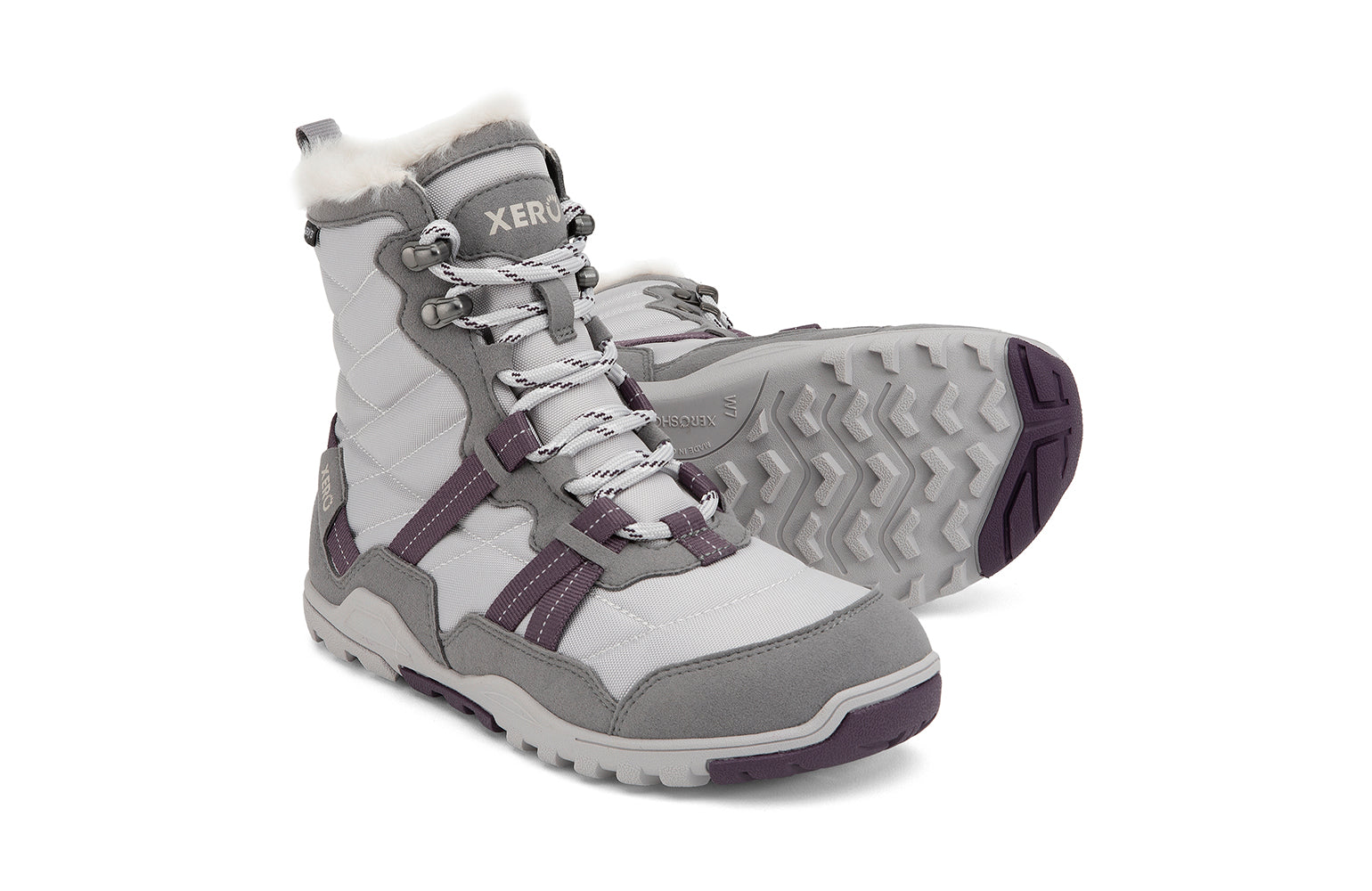 Xero Barefoot Shoes sold in Ontario, Canada. These minimalist shoes have flexible soles, wide toe boxes, and zero drop. Side and sole pair view of Xero Women's Alpine in Frost Gray/White. Waterproof, lightweight snow boot. 