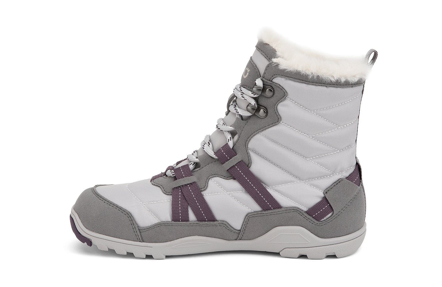 Xero Barefoot Shoes sold in Ontario, Canada. These minimalist shoes have flexible soles, wide toe boxes, and zero drop. Medial side view of Xero Women's Alpine in Frost Gray/White. Waterproof, lightweight snow boot. 
