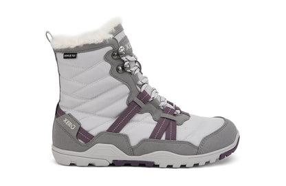 Xero Barefoot Shoes sold in Ontario, Canada. These minimalist shoes have flexible soles, wide toe boxes, and zero drop. Lateral side view of Xero Women's Alpine in Frost Gray/White. Waterproof, lightweight snow boot. 