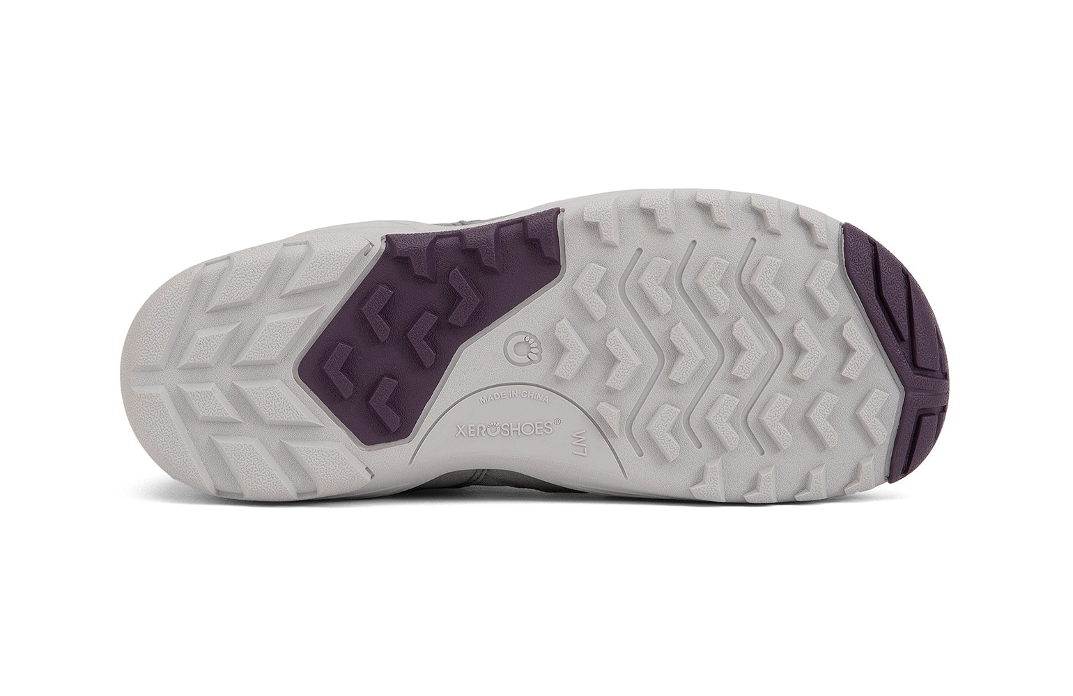 Xero Barefoot Shoes sold in Ontario, Canada. These minimalist shoes have flexible soles, wide toe boxes, and zero drop. Sole view of Xero Women's Alpine in Frost Gray/White. Waterproof, lightweight snow boot. 