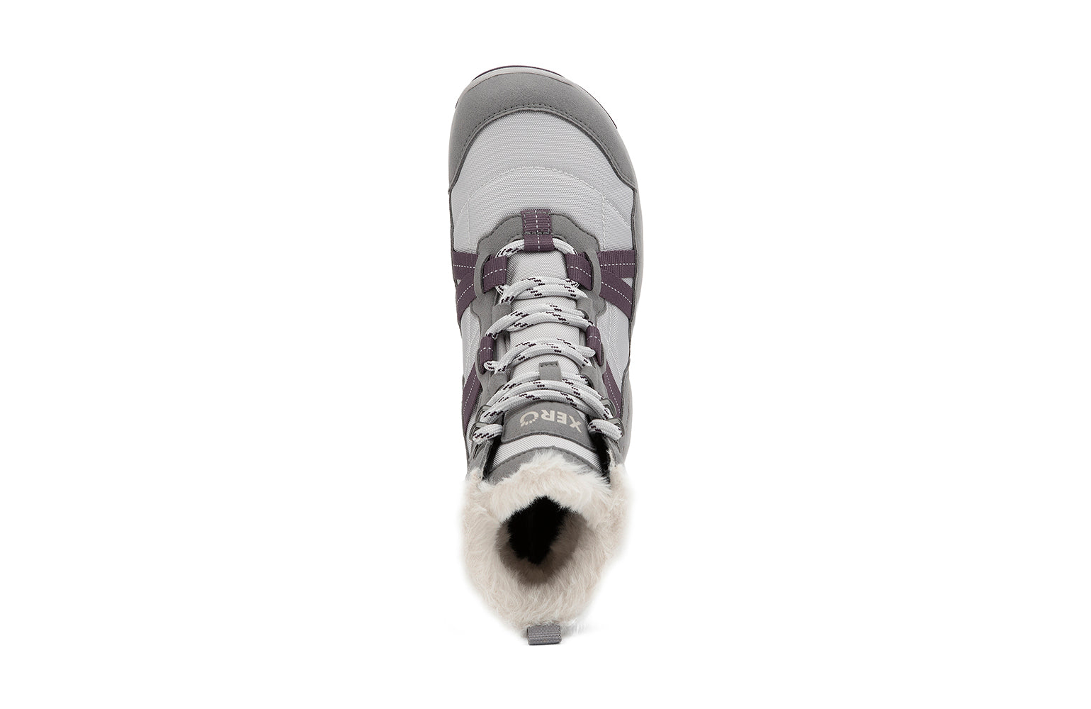 Xero Barefoot Shoes sold in Ontario, Canada. These minimalist shoes have flexible soles, wide toe boxes, and zero drop. Top view of Xero Women's Alpine in Frost Gray/White. Waterproof, lightweight snow boot. 